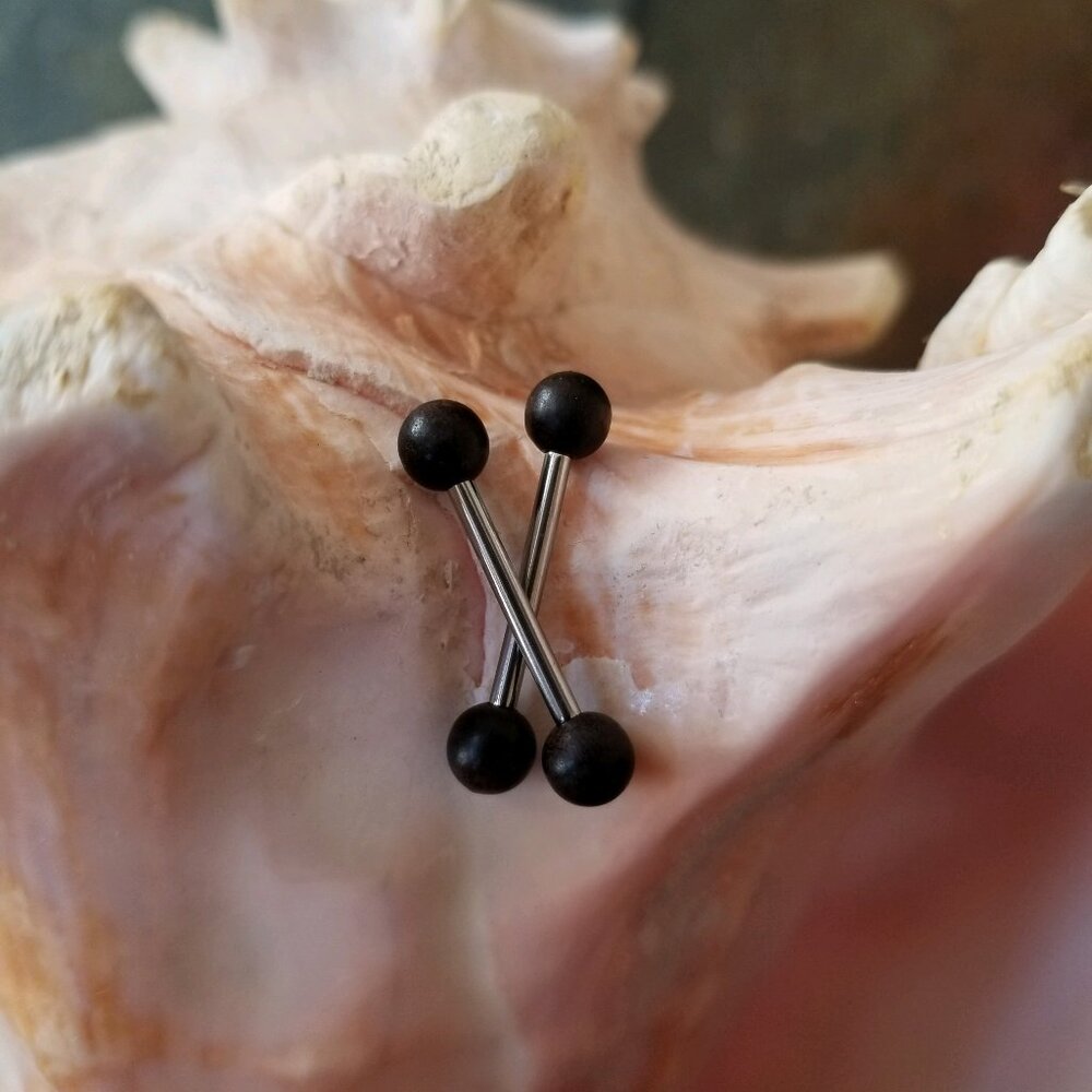 PAIR arang wood ball ends nipple bars 14G externally threaded NWT stainless